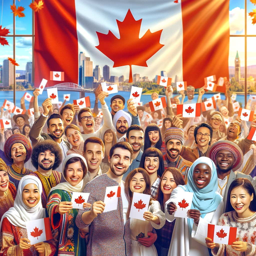 Dall e 2024 02 01 17 13 05 a vibrant gathering of francophones from diverse origins all smiling and holding up invitations with the iconic maple leaf emblem symbolizing their